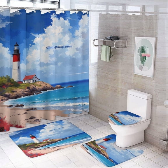 Lighthouse by The Sea Shower Curtain Set Modern Bathroom Decor Mats 4pcs Fabric Bathroom Curtain Slip Floor Rug Toilet Lid