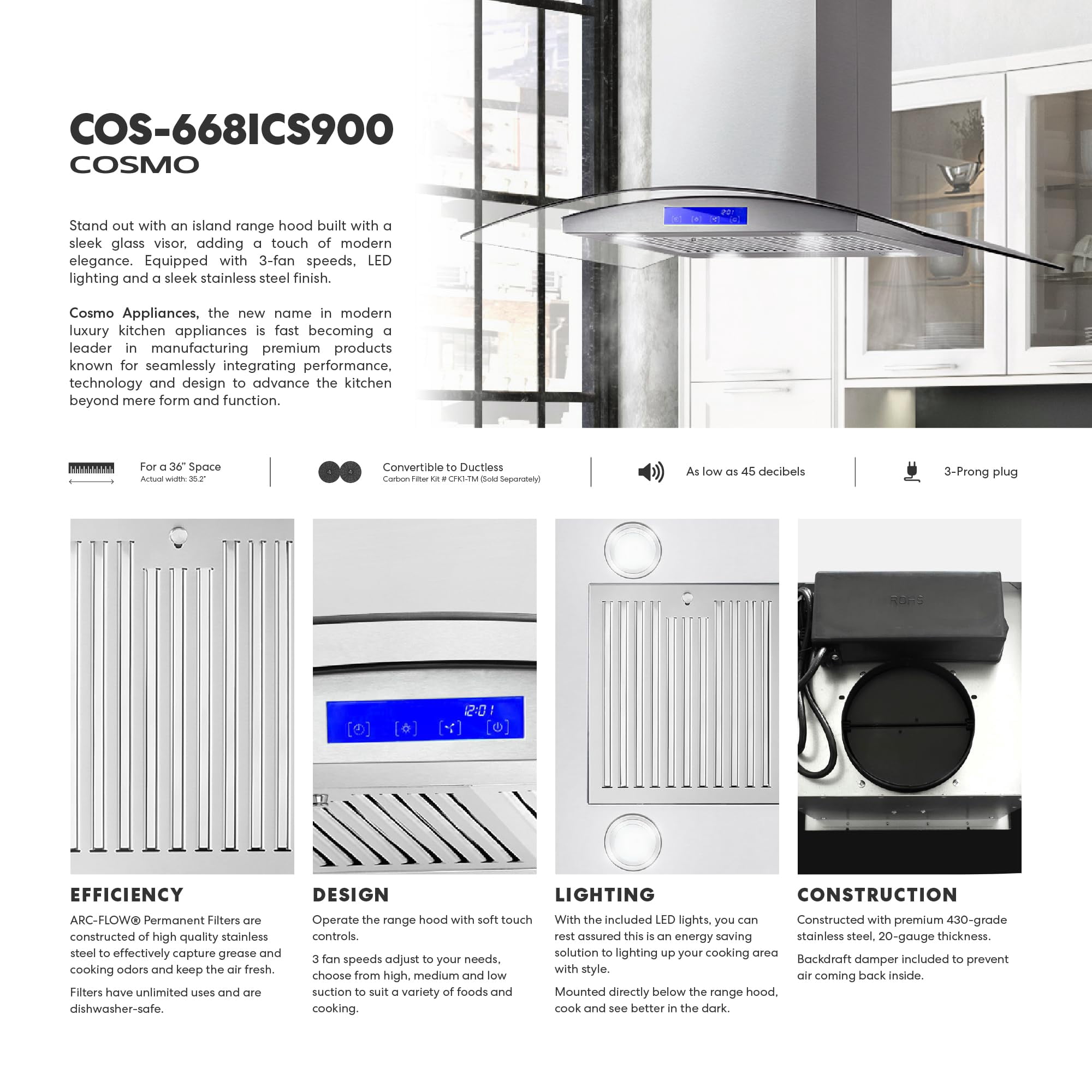 Pemberly Row Stainless Steel 36" 380 CFM Ducted Island Range Kitchen Hood
