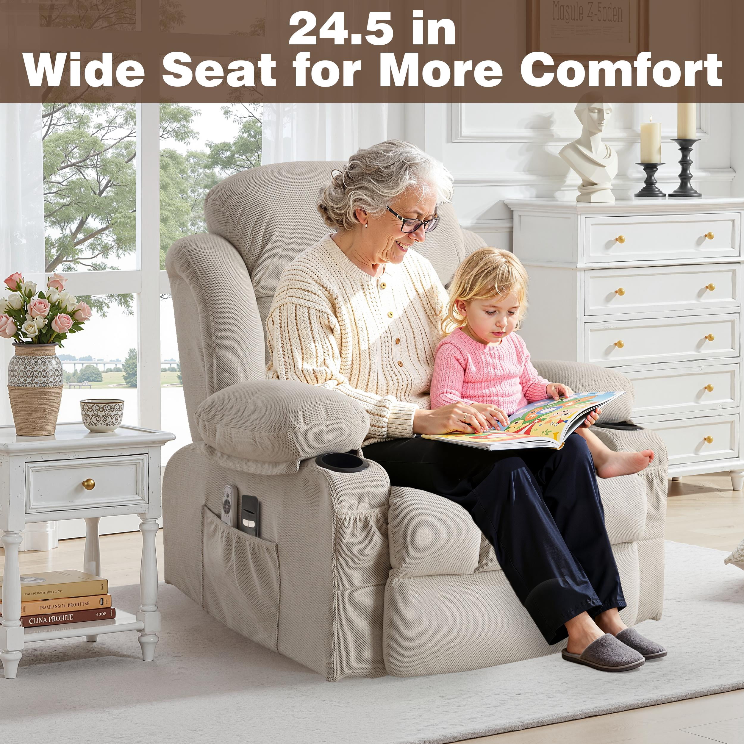 Lift Chair for Elderly, Power Lift Recliner Chair with Heat and Massage, 24.5" Oversized Massage Recliner for Living Room with Remote Control, Cup Holders, Easy Stand, 350lbs Capacity, Beige