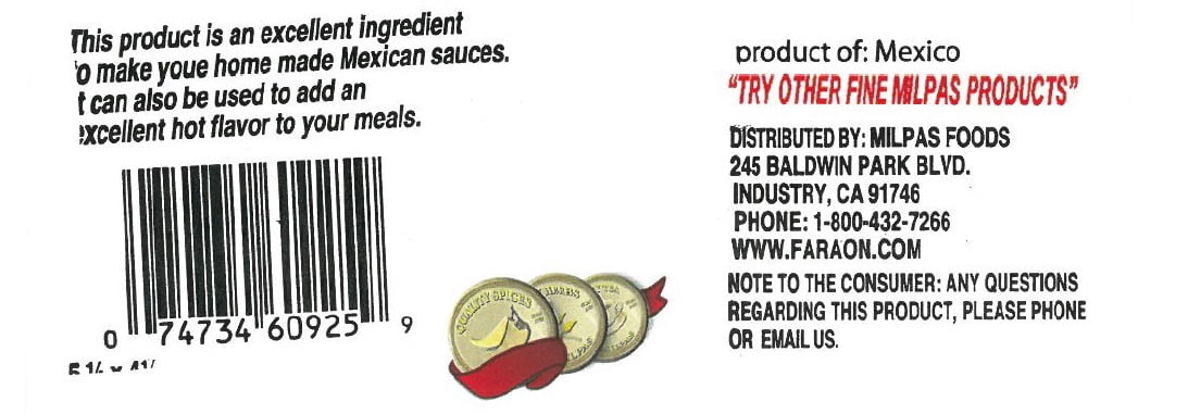Milpas Smoked Morita Chile Pods packed in a clear cellophane bag, 1.0 oz per bag.