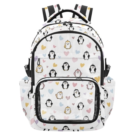 PVC Casual Backpack 25L Daypack with Laptop Compartment Lightweight Travel Backpack for Work Outdoor Activities Cute Penguins and Heart Pattern