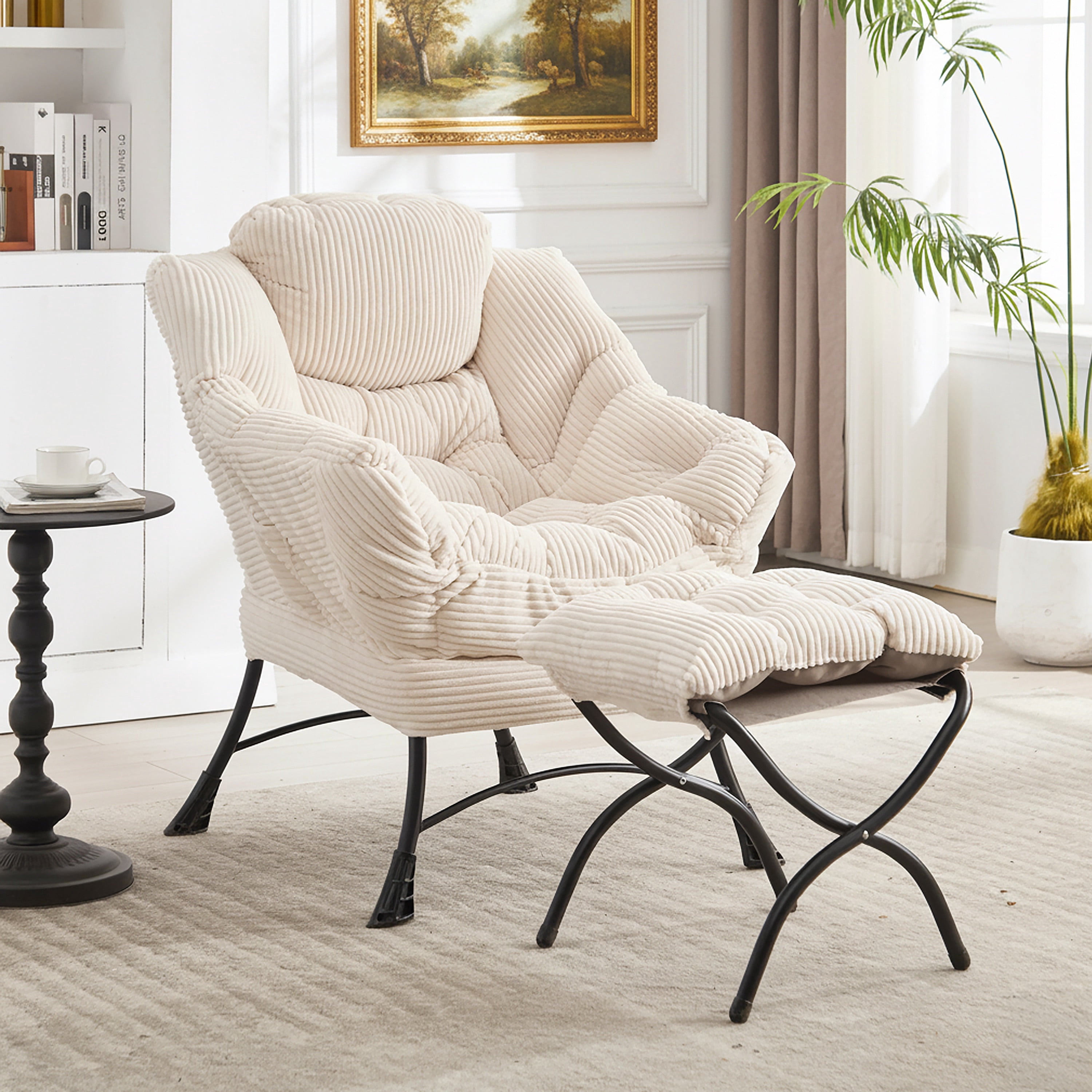 PAPROOS Lazy Chair with Foldable Ottoman, Flannelette Fabric Accent Chair and Footrest Stool Set, Comfy Lounge Arm Chair with Footstool Set, Reading Chair Leisure Sofa Chair for Living Room, Brown