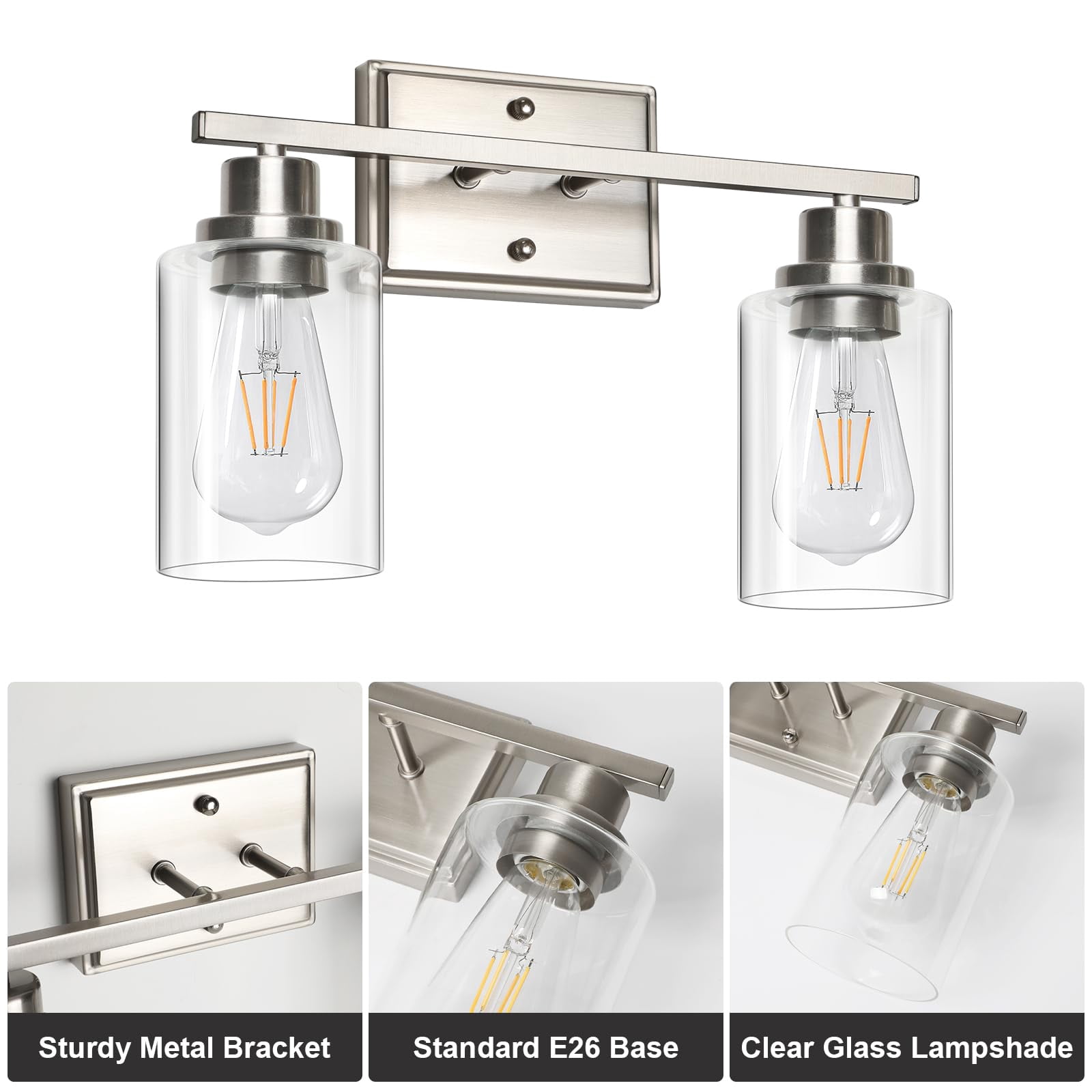 2 Light Bathroom Fixtures  Modern Vanity Lights Over Mirror Brushed Nickel Wall Lamp With Clear Glass For Living Room Cabinet Bedroom Porch