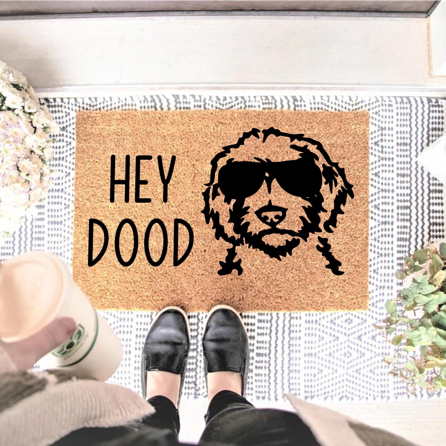 Funny Coir Doormat Hey Dood Golden Doodle Dog Welcome Front Porch Decor Doormat for The Entrance Way Personalized Rugs with Heavy-Duty PVC Backing Non Slip Outdoor Coir Doormat 23.6 x 15.7 inch