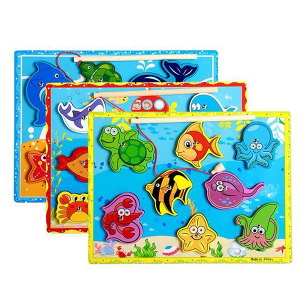 QXKE Wood Fishing Game Sea Creatures Board Playset Rod