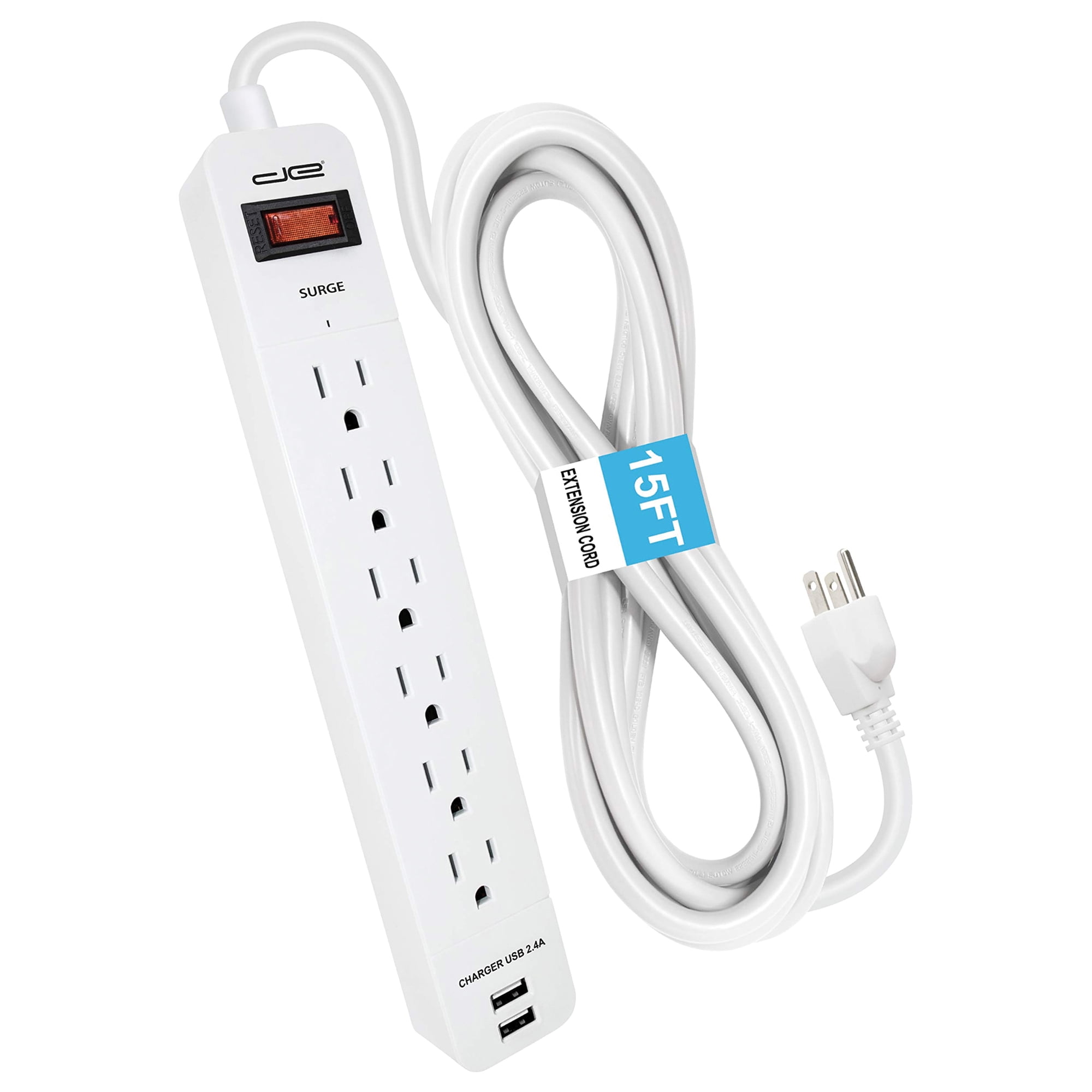 Digital Energy 6-Outlet + 2 USB 1050 Joule Surge Protector Power Strip with  15-Ft Long Extension Cord, Black, UL Listed
