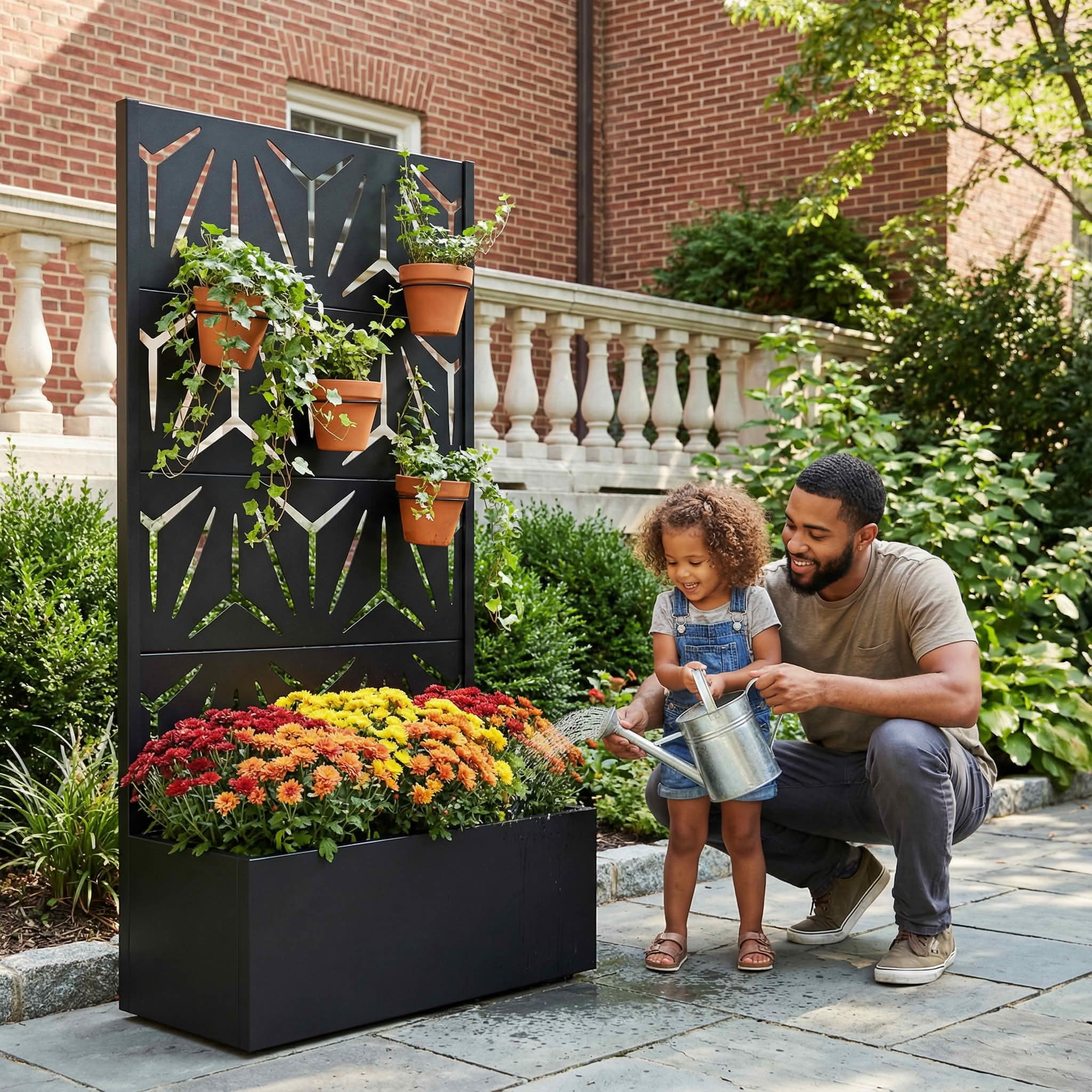 MAYEERTY 59X30" Metal Outdoor Black Privacy Screen with Planter Box for Backyard & Garden, 4 Piece Set