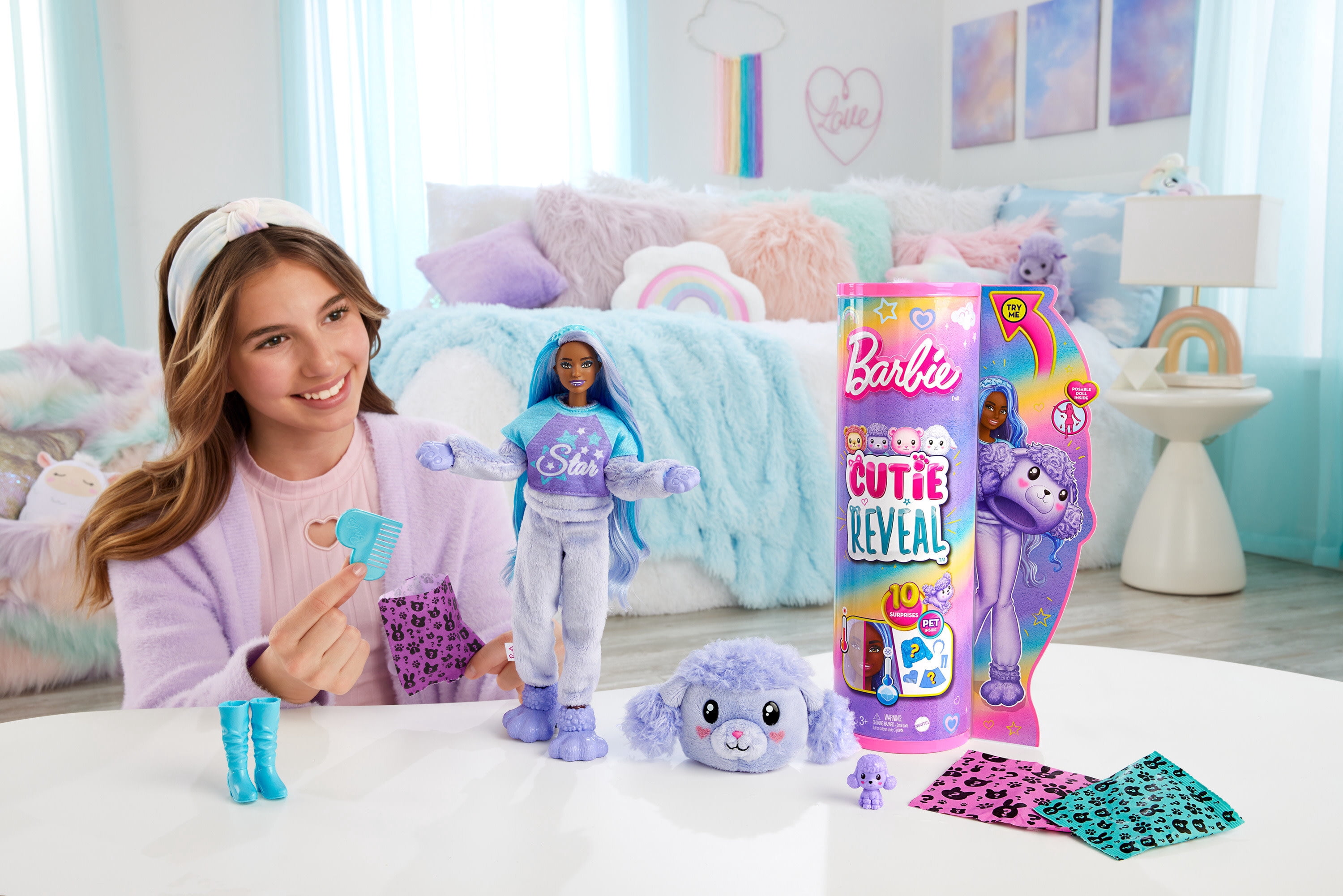 Barbie Cutie Reveal Doll & Accessories, Cozy Cute Tees Poodle, “Star” Tee, Blue & Purple Streaked Hair, Brown Eyes