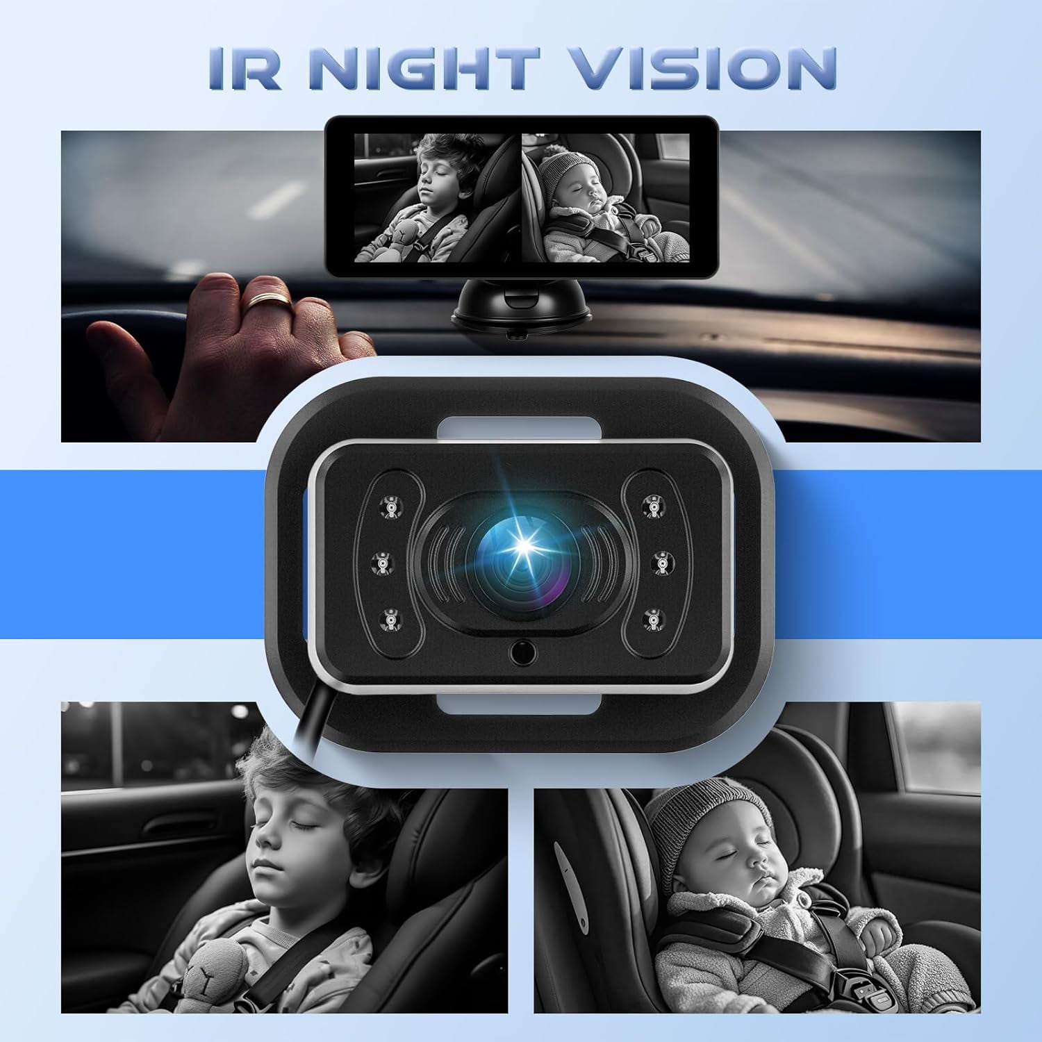 6.86'' Baby Car Camera for Seat HD Bual Rear Facing for Baby, Car Camera for Baby Night Vision Wide View Angle Reusable Sucker Bracket, Easy Install 360° Adjustable