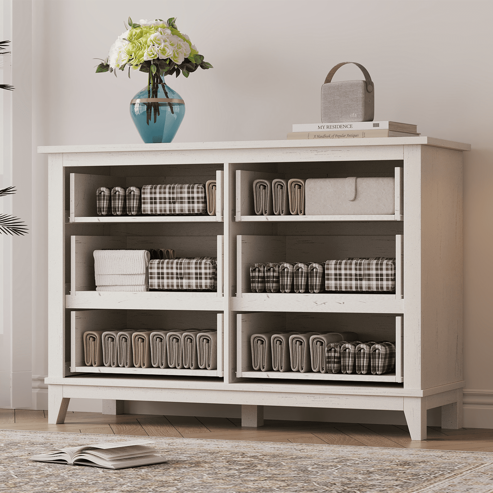 Modern 6 Drawers Dresser for Bedroom, 47" Wide Wooden Storage Chest with Antique Handles, Modern Farmhouse Dresser TV Stand with Wood Legs for Closet, Living Room, Hallway