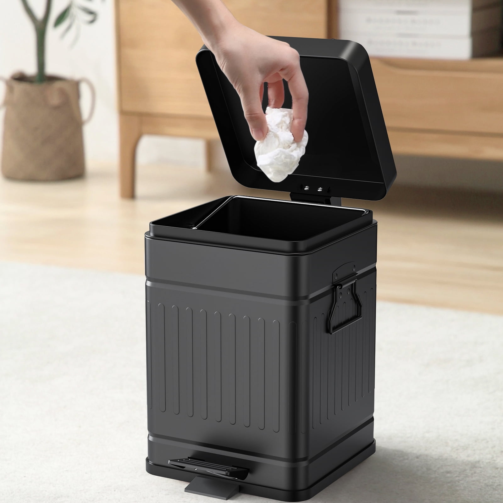 TINANA Small Trash Can with Lid: 5L, 1.3 Gallon Stainless Steel Dog Poop Trash Can, Rectangle Trash Can with Step Pedal, Retro Kitchen Garbage Can for Farmhouse, Craft Room, Office, Garage, Black