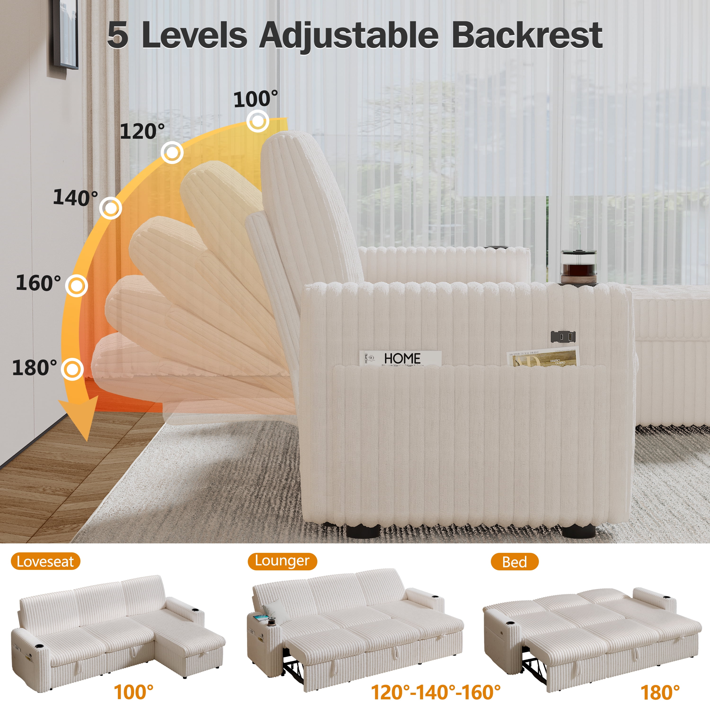 101” Detachable Mattress Sleeper Sofa with Pull-Out Mattress - L-Shaped Design, Adjustable Backrest + Reversible Storage Chaise, USB Ports/Cup Holders, Quick Assembly, Soft Beige Corduroy