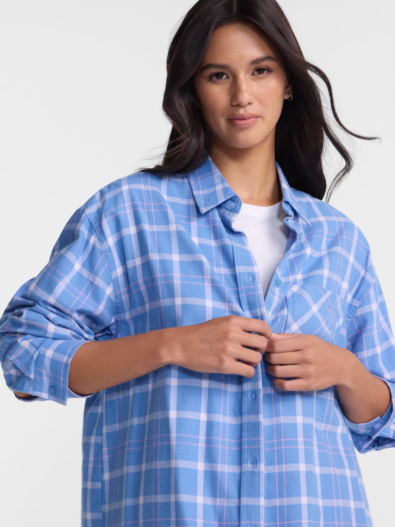No Boundaries Plaid Flannel Shirt with Long Sleeves, Women's XXS-XXL