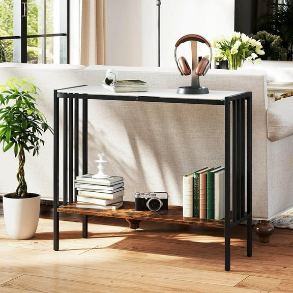 Harmijoy Console Table, 2-Tier Rectangular Entryway Table with High-Gloss Sintered Stone Tabletop, Metal Frame