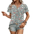 thumbnail image 4 of Casual Tops for Women Short Sleeve Spring And Summer Casual Pleated Leaf Sleeves Retro Non Positioning Printed Short Sleeved V Neck Shirt, 4 of 7