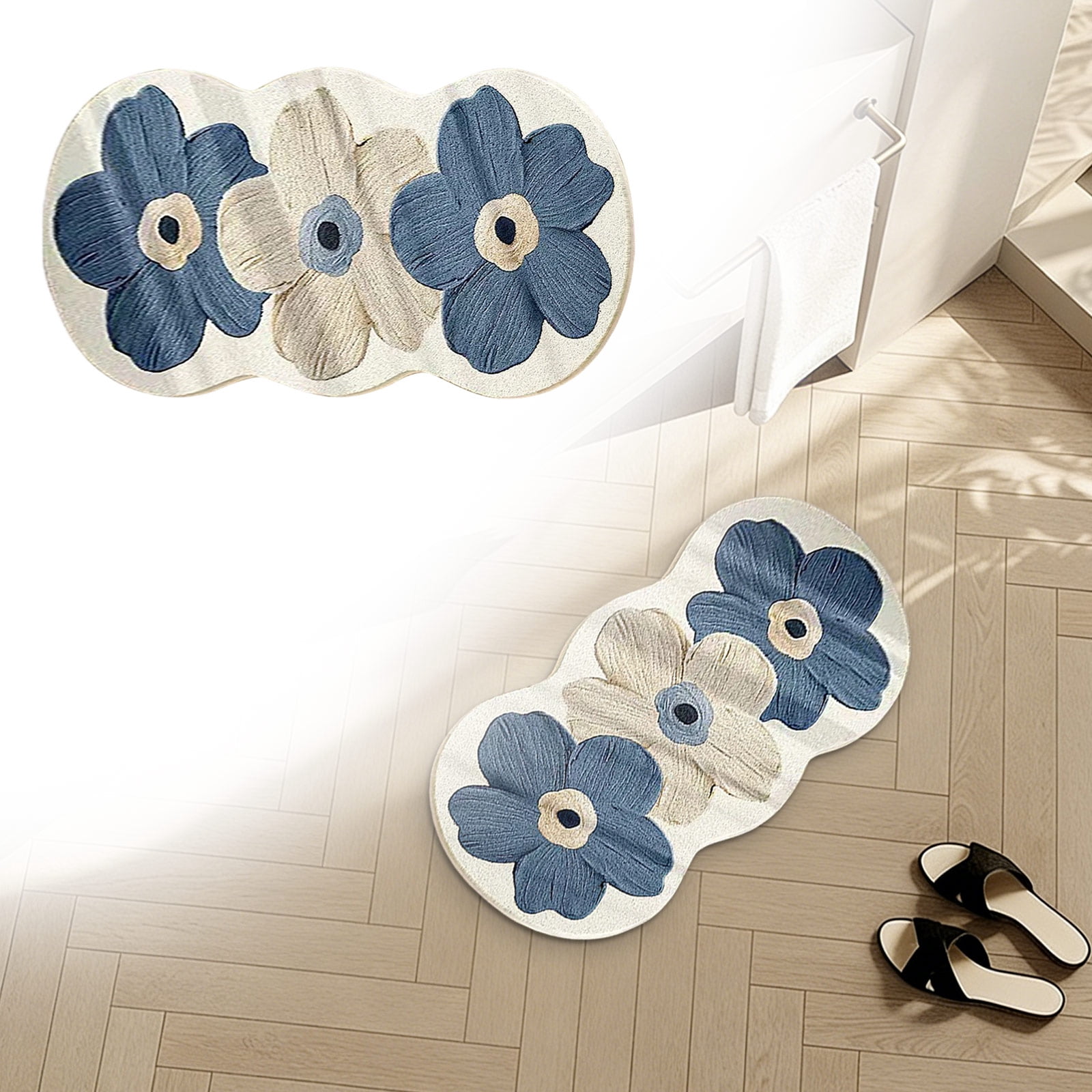 Flower Bathroom Rug, Super Absorbent and Thick Microfiber Non Slip Bath Mat with Rubber Backing, Shaggy Bath Carpet for Entryway, Bathroom, Bedroom and Living Room, Blue