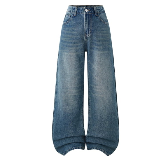 JFOPQVSM Teenage Girls Simple Looseweight High Waisted Wide Leg Jeans (12-16Y)