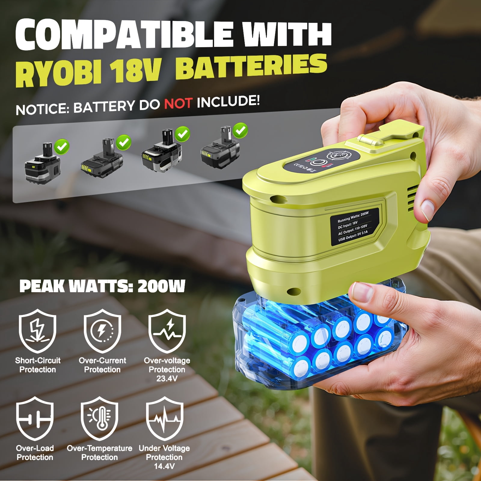 200W Power Inverter Compatible with Ryobi 18V Battery, DC 18V to AC 110-120V Power Station with 1 AC Outlet, 2 USB, 1 Type-C & LED Light, for Camping Power Outage (No Battery)