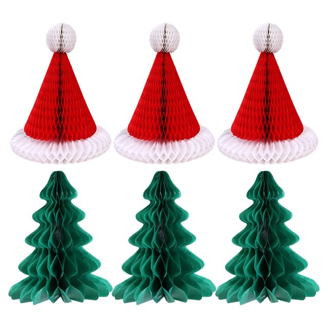6pcs Decoración de Navidad Papel de abeja Papel Navidad Sombreros Adornos de árbol de Navidad