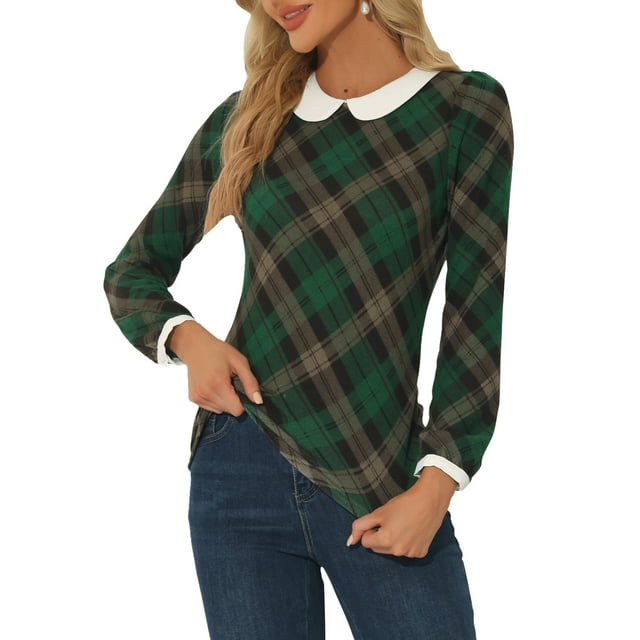 INSPIRE CHIC Chemise à Manches Longues Contrastées Col Peter Pan pour Femmes Verts m