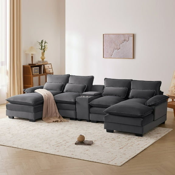 123*55" Modern U-shaped Sofa with Console, Cupholders and USB Ports, 6-seat Upholstered Symmetrical Indoor Furniture, Sleeper Couch Set with Chaise for Living Room, Apartment, Gray
