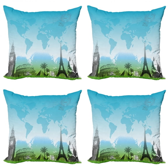 Travel Throw Pillow Cushion Case Pack of 4, Famous Landmarks with Mapping on the Backdrop, Modern Accent Double-Sided Print, 4 Sizes, Sky Blue Lime Green Grey, by Ambesonne