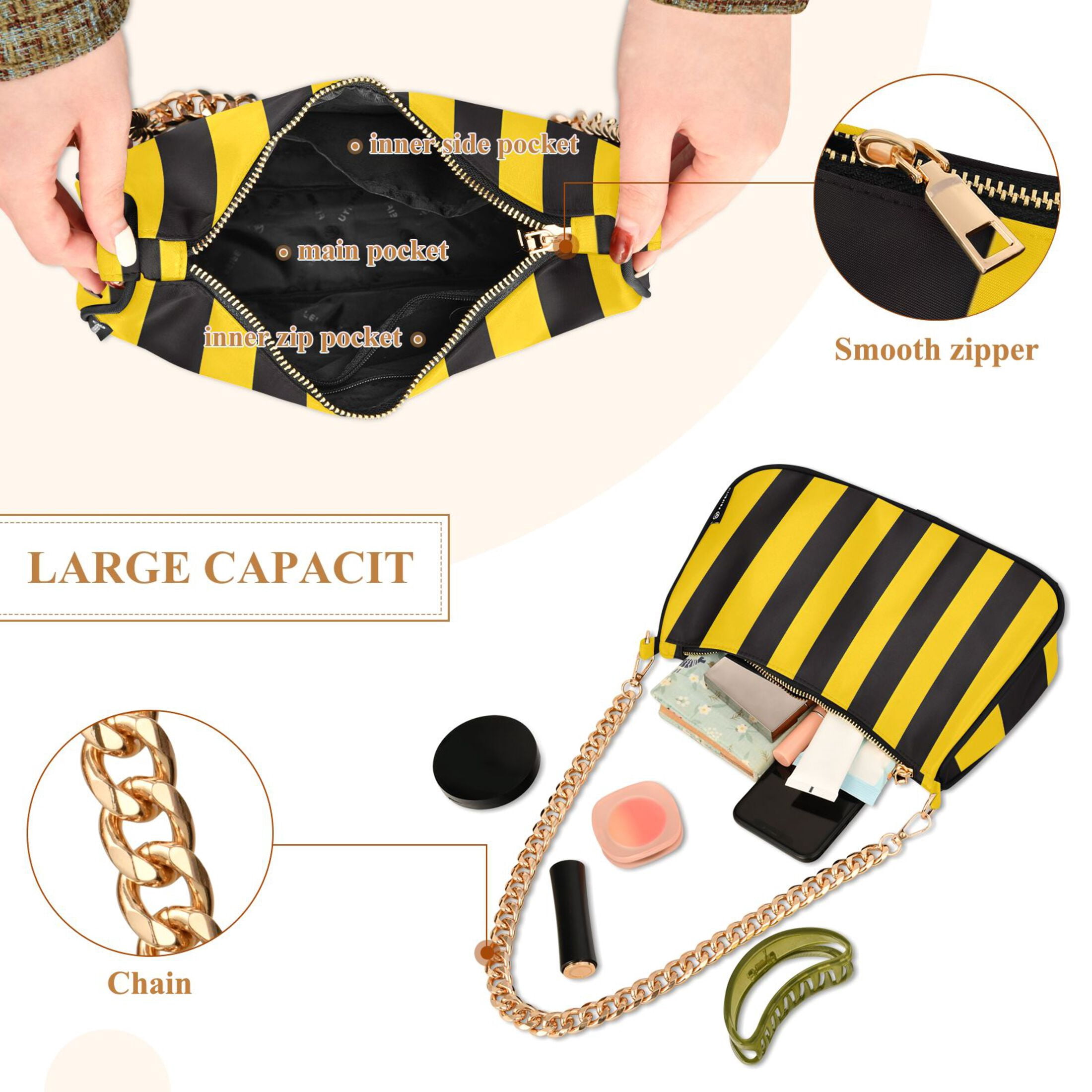 Ryvnso Yellow Stripes Line Pattern Womens Chain Shoulder Bag Tote Handbags Clutch Hobo Purse with Zipper for Travel