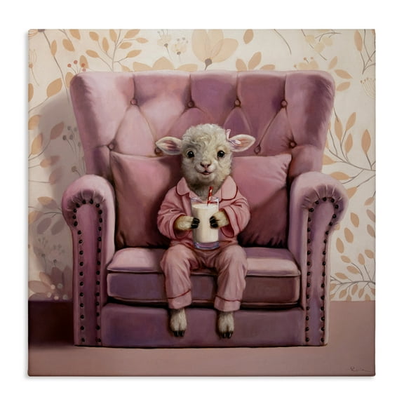 Stupell Industries Baby Cow in Pink Chair Animals & Insects Painting Gallery Wrapped Canvas Art Print Wall Art, 17 x 17