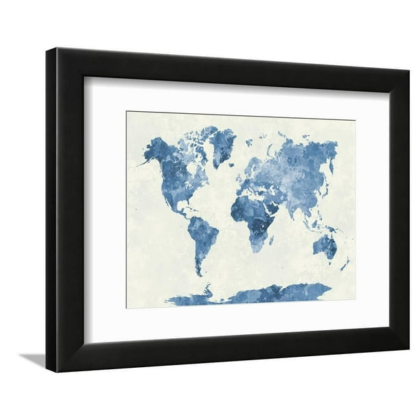 world map in watercolor blue framed print wall art by