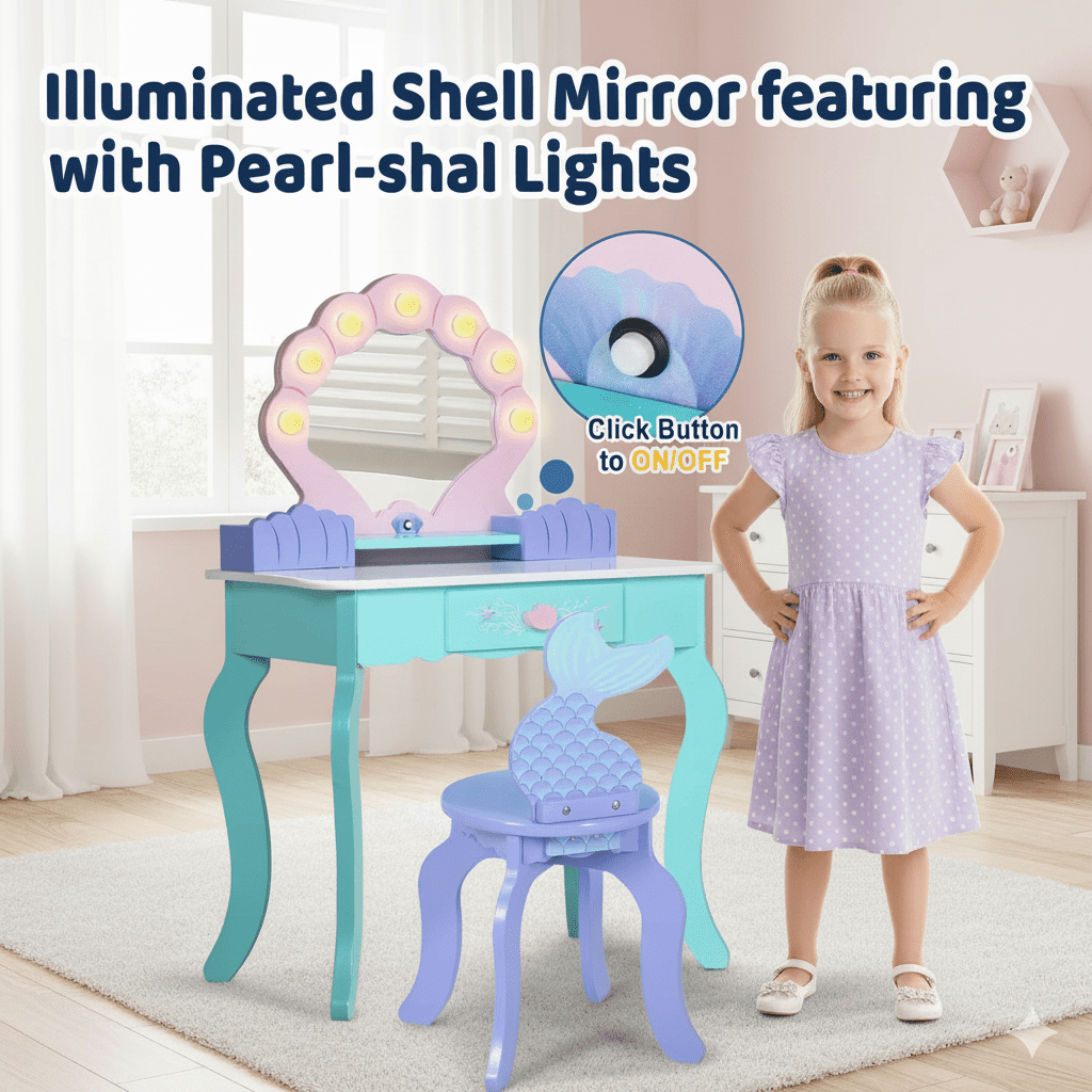 BRINJOY Kids Vanity with Lights, Wooden Princess Vanity for Girls, 2 in 1 Ocean Theme Toddler Dressing Table and Chair Set, Little Girl Makeup Vanity with Mirror for Children Birthday Christmas Gift