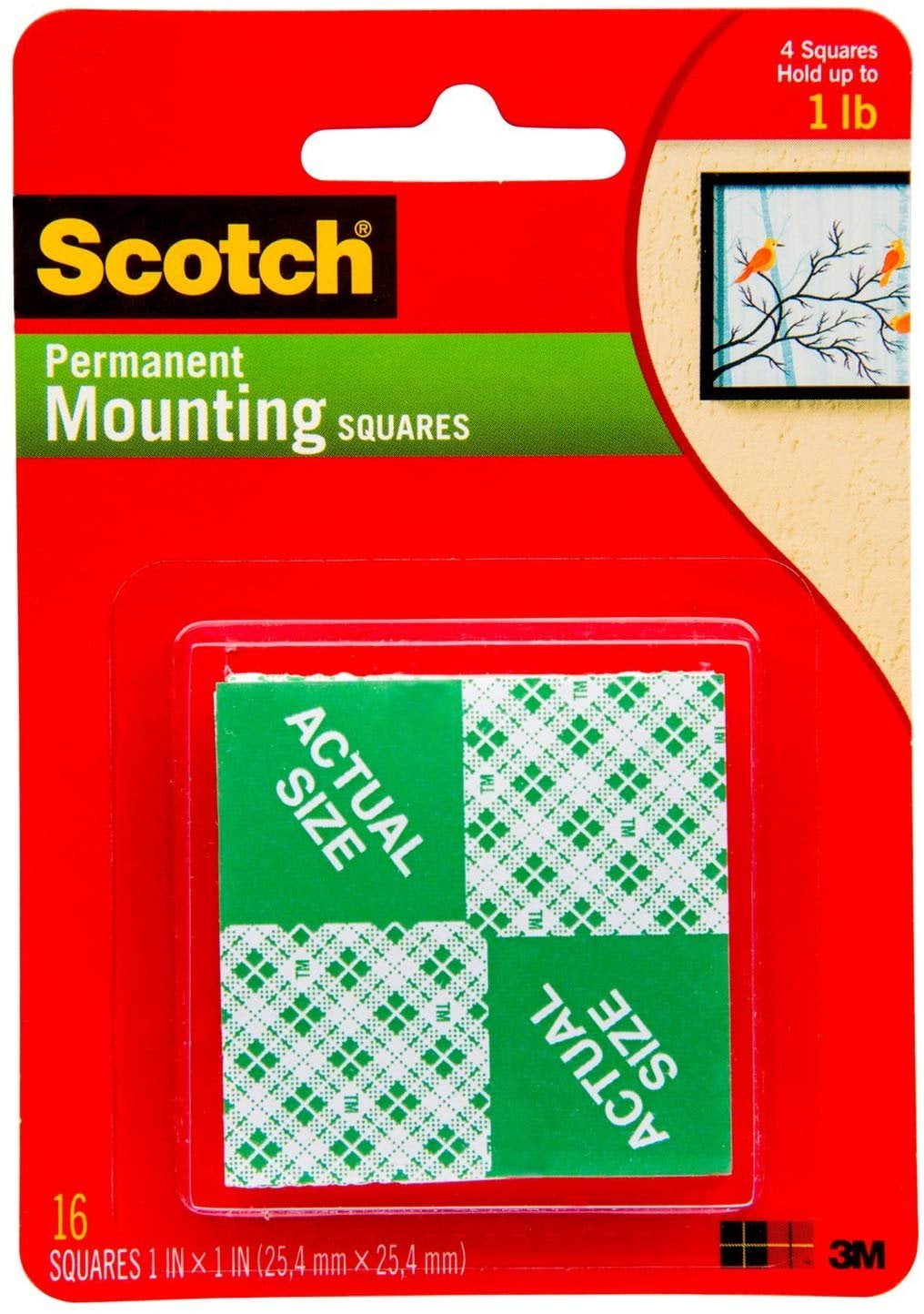 Scotch Permanent Mounting Squares, 4 Squares holds up to 1 lb, 16 x 1-Inch Squares, White