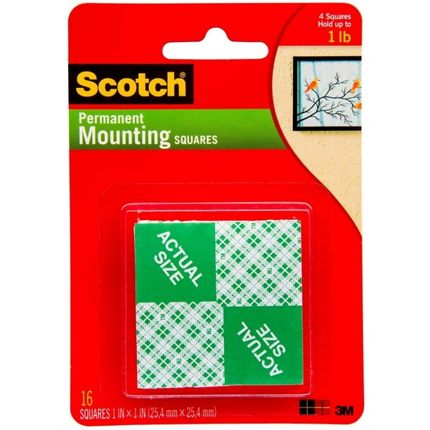 Scotch Permanent Mounting Squares, 4 Squares holds up to 1 lb, 16 x 1