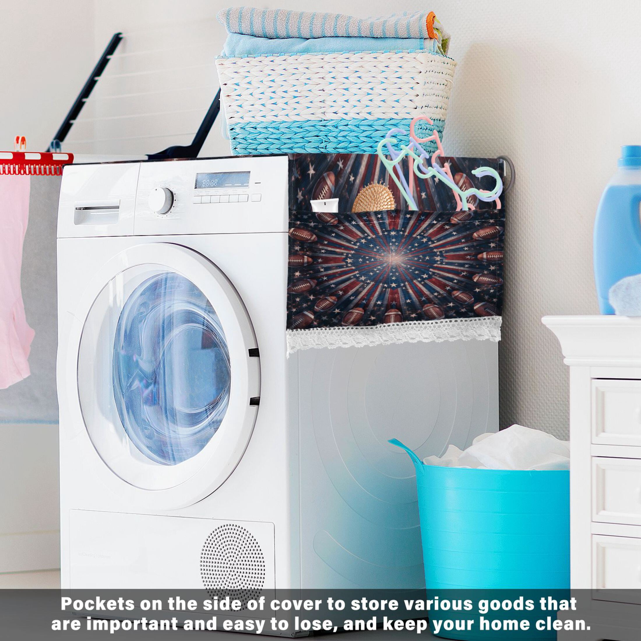 Wobogo American Flag Style Football Washing Machine Cover Dustproof Washer Dryer Cover Waterproof Laundry Room Decorative Protector