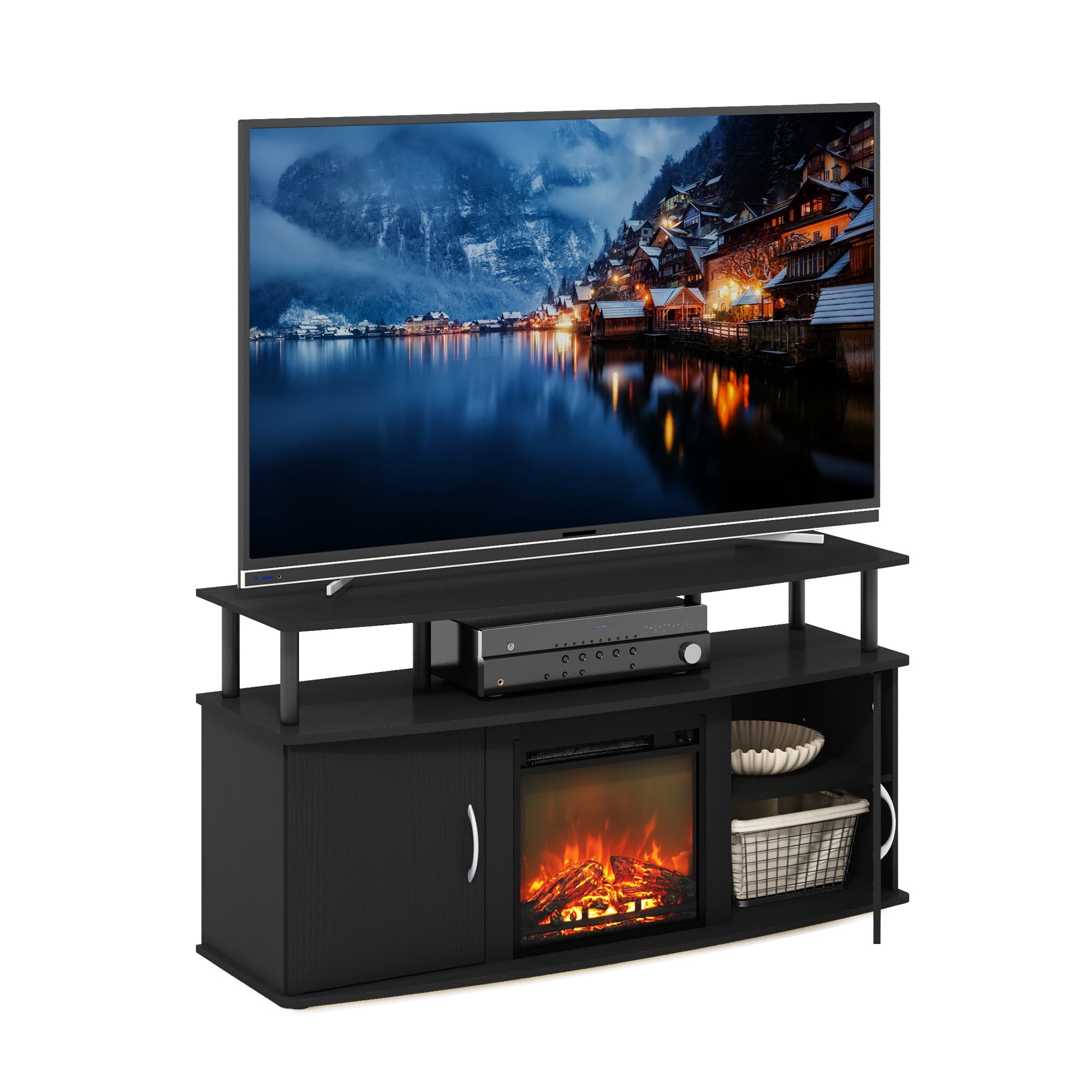 Furinno Jensen Living Room Fireplace Entertainment Center with Doors Storage Cabinet for TV up to 55 Inch, Americano/Black