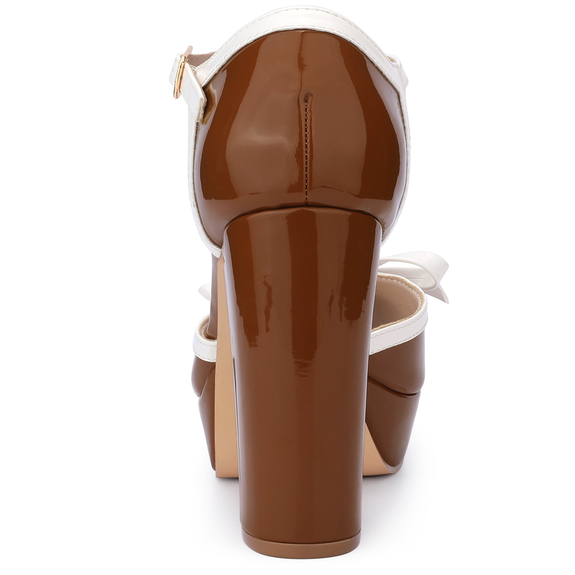 DARING DIVA Women's Platform Bow T Strap Chunky Heels Pumps Brown 9