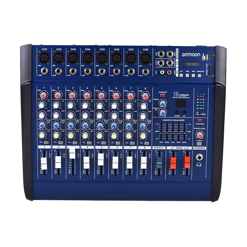 8 Channels Powered Mixer Amplifier Digital Audio Mixing Console Amp with  48V Phantom Power USB/ Slot for Recording DJ Stage Karaoke