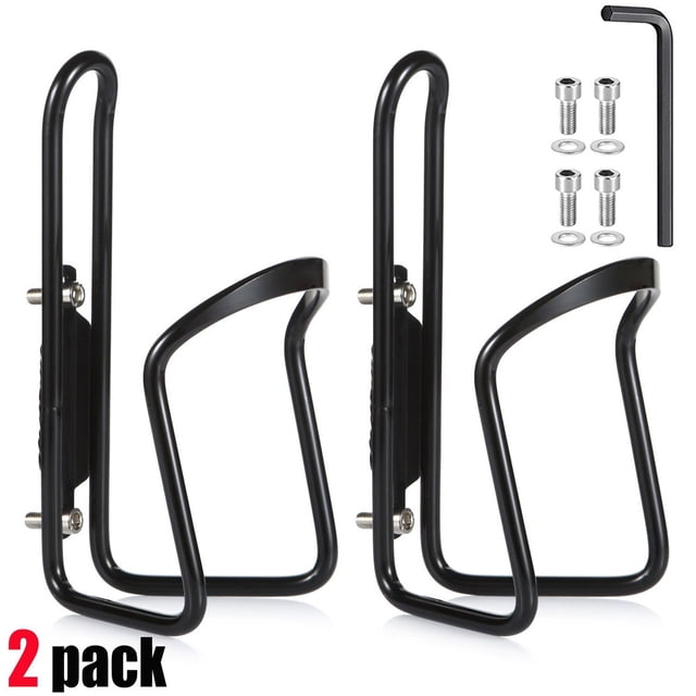 Agiferg Porte-Bouteille d'Eau de Vélo Porte-Bidon de Boisson de Bicyclette Cage Support Lot de 2 Neuf. l'Image Affiche Deux Porte-Bouteilles d'Eau en Alliage d'Aluminium Noir, Chacun Pesant 2,1 oz (61 g) et Conçu pour Tenir en Toute Sécurité des Bouteilles jusqu'à 26 oz avec un Diamètre Maximal de 3 Pouces. les Accessoires Incluent Quatre Vis, des Rondelles et une Clé Allen de 4 mm pour l'Installation sur des Cadres de Vélo avec des Trous Filetés. les Supports Sont Légers, Résistants à la Rouille et Idéaux pour le Cyclisme