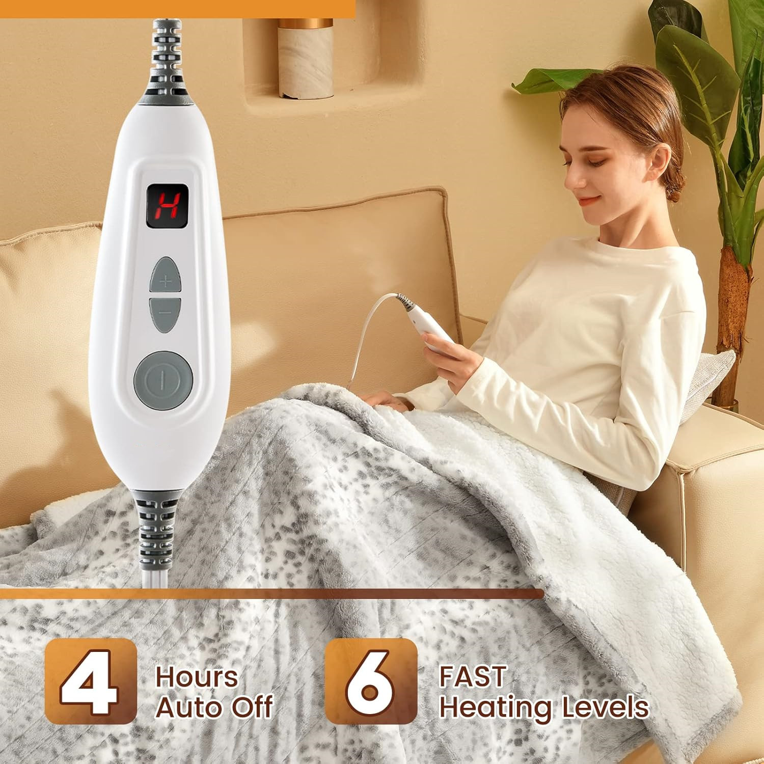 Electric Heated Throw Blanket 50" x 60", 6 Heating Levels & 4H Auto Off, Over-Heat Protect, Machine Washable