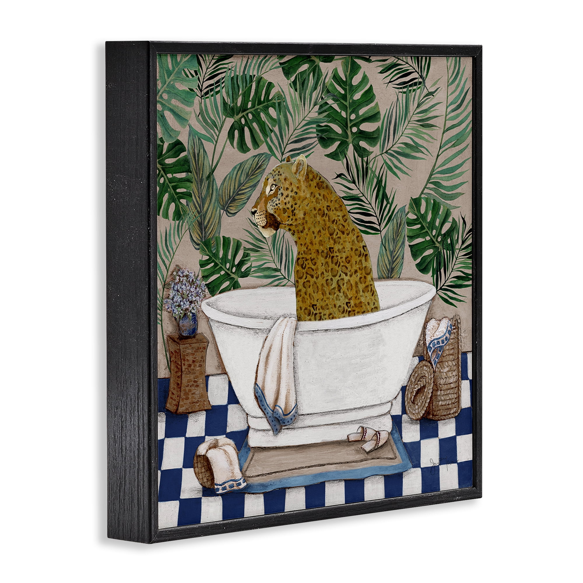 Stupell Industries Leopard in Tropical Bathtub Black Framed Giclee Art, design by Janet Tava