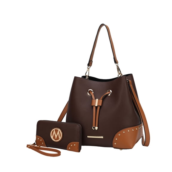 MKF Collection Callise Vegan Leather Women's Bucket Bag & Wristlet Wallet 2-Piece Set by Mia K. - Coffee Cognac