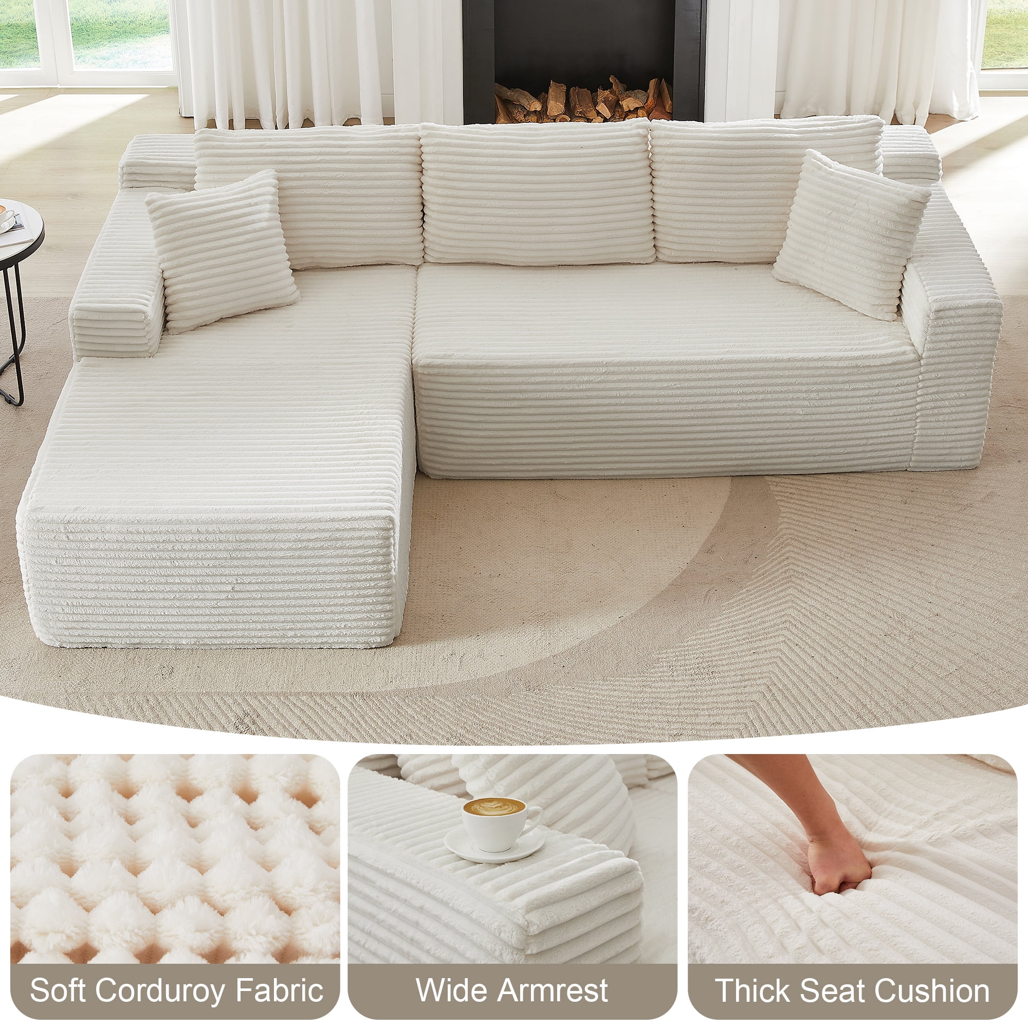 GNIXUU 103” W Corduroy Boneless Couch, L-Shaped Sectional Sofa with Left Facing Chaise, Comfy Memory Foam Cloud Compression Couches for Living Room Home Office, No Assembly,Beige