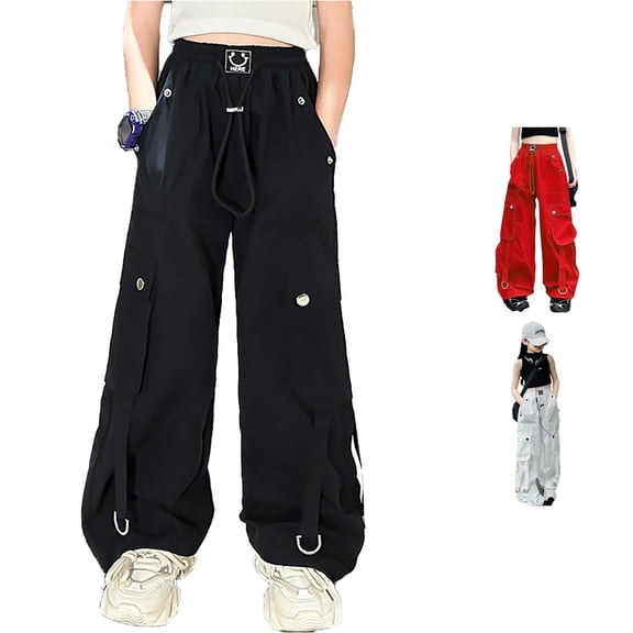 Ulitacool Teen Pants For Girls 14-15 Years Cargo Bottoms High Waist Wide Leg Joggers For Casual Dance Outdoor Activities Bottoms Black