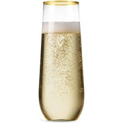 48 Pack Stemless Plastic Champagne Flutes Disposable 9 Oz Gold Rim Clear Plastic Toasting Glasses Shatterproof Recyclable and BPA-Free
