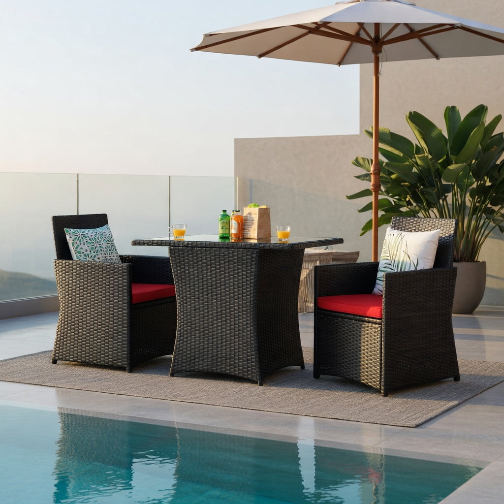 Hommoo 3-Piece Outdoor Rattan Patio Furniture Set with Red Cushions, Tempered Glass Table & Ergonomic Armchairs for Balcony, Porch, and Garden, Red