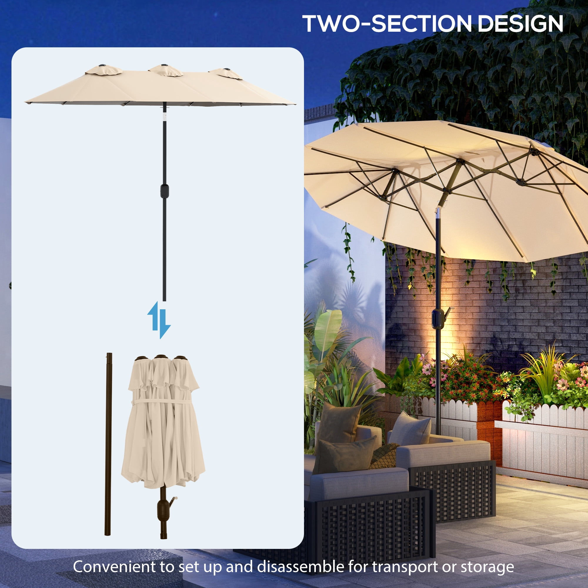 Outsunny 9.5' Double-sided Patio Umbrella with Tilt Outdoor Umbrella, Brown