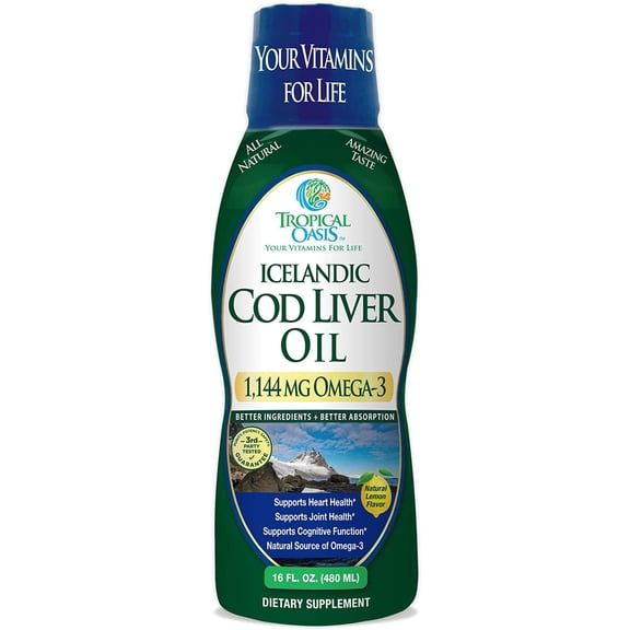 Tropical Oasis Icelandic Cod Liver Oil, Liquid Vitamin Supplement with 1144mg of Liquid Omega-3 with EPA & DHA Fish Oil, Lemon Flavor, 90 Servings