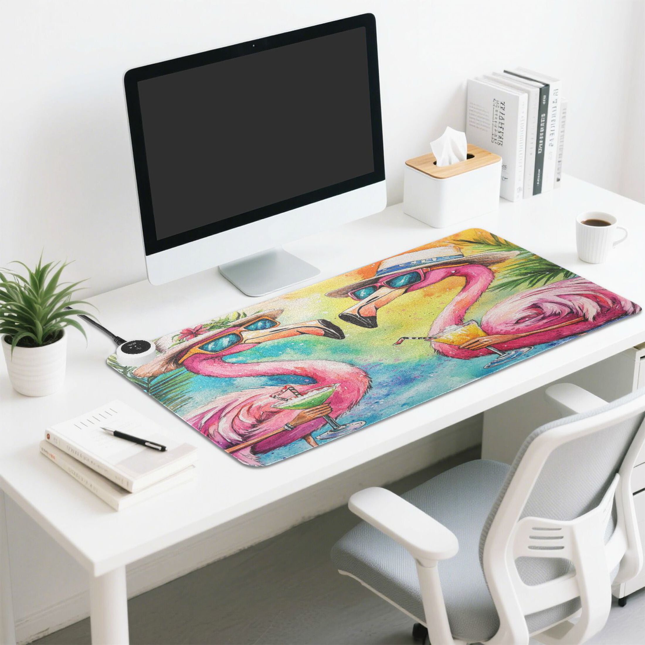 Wobogo Summer Flamingos Heated Mouse Pad Extra-Large Desk Mat With 3 Heating Levels and 3-hour Auto Shut-Off Protection Ideal for Computer Keyboards Home Office Hand-warming Essential 31.5in × 13in