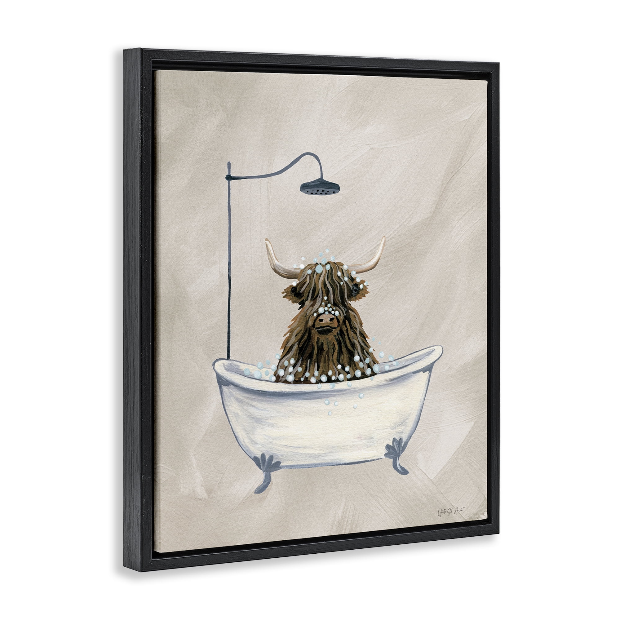 Stupell Industries Highland Cow Bubble Bath Typography Painting Black Floater Framed Canvas Art Print Wall Art, 17 x 21