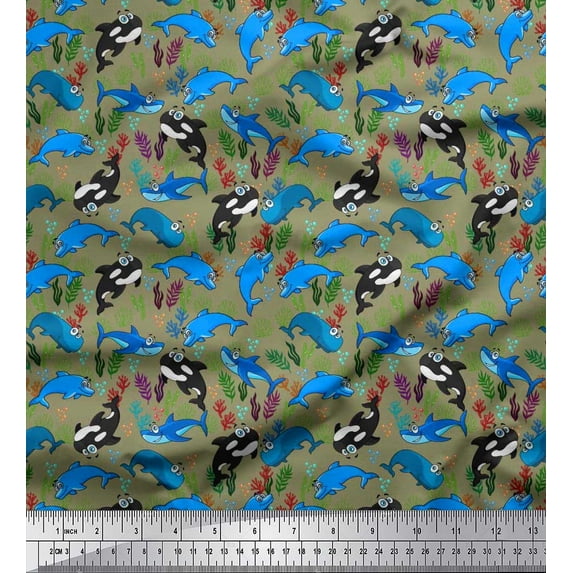 Soimoi Polyester Crepe Fabric Coral,Dolphin & Whale Ocean Print Fabric by The Yard 42 Inch Wide