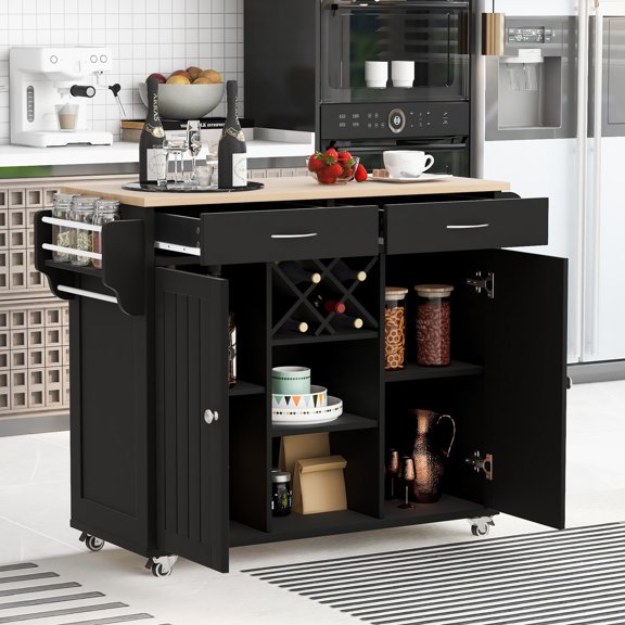 Sportaza Store Kitchen Island Cart with Two Storage Cabinets and Four Locking WheelsWine Rack, Two Drawers,Spice Rack, Towel Rack (Black)